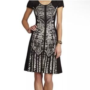 BCBG Max Azaria Black and White Fit & Flare Knit Stretch Dress Scoop Neck - Sz M